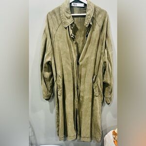 Women’s Zara Khaki Maxi Linen Blend Long Sleeve Oversized Button Up Dress Size M
